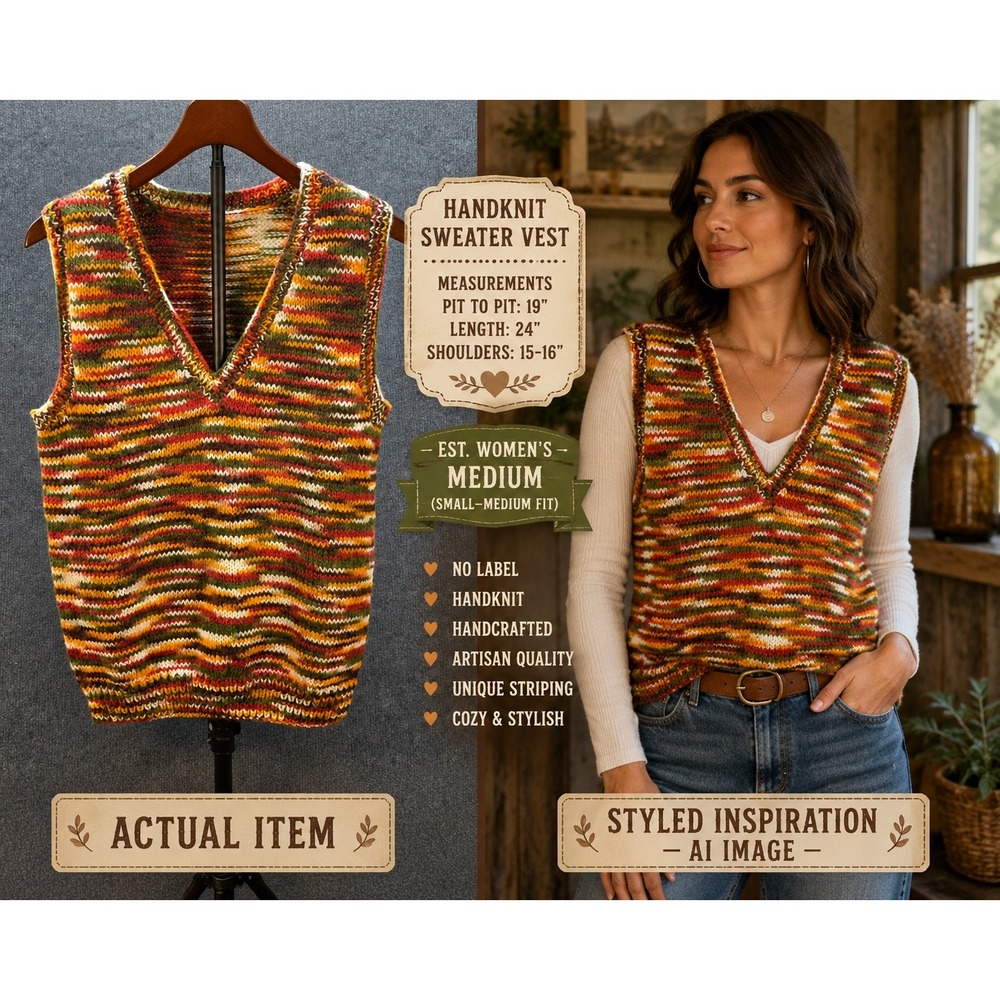 Handmade Sweater Vest Women Knit V-Neck Striped Multi M Excellent Boho